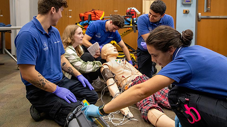 Paramedics working with a simulation dummy as a patient