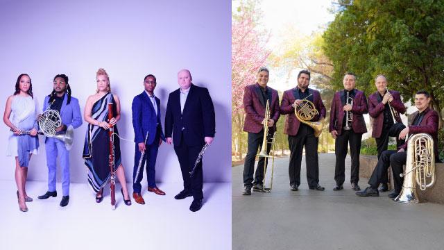 side by side photos of each ensemble - in each photo the five members of the ensemble are standing in a row holding their instruments