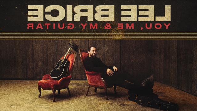 Lee Brice sits back in a red velvet chair with his feet on his guitar case. His guitar is displayed on the red velvet chair next to him. The words Lee Brice You Me and My Guitar overlay the image.