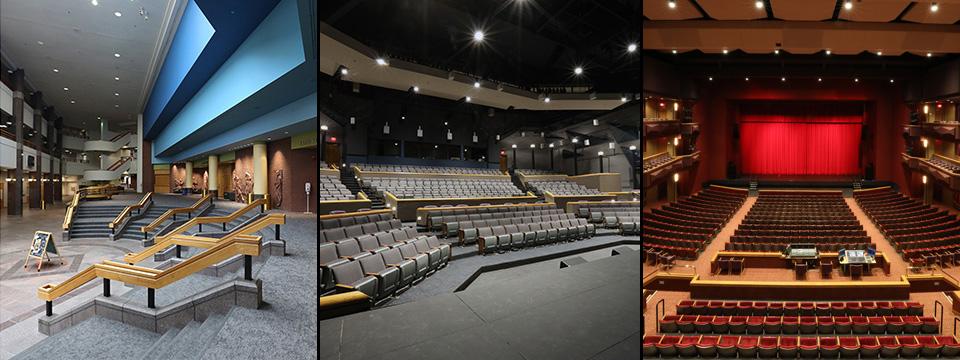 collage of 3 images showing Yardley Hall, MTC Lobby and Polsky Theatre